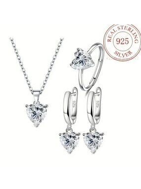 925 Sterling Silver Romantic Heart-Shaped Cubic Zirconia Necklace, Ring, And Ear